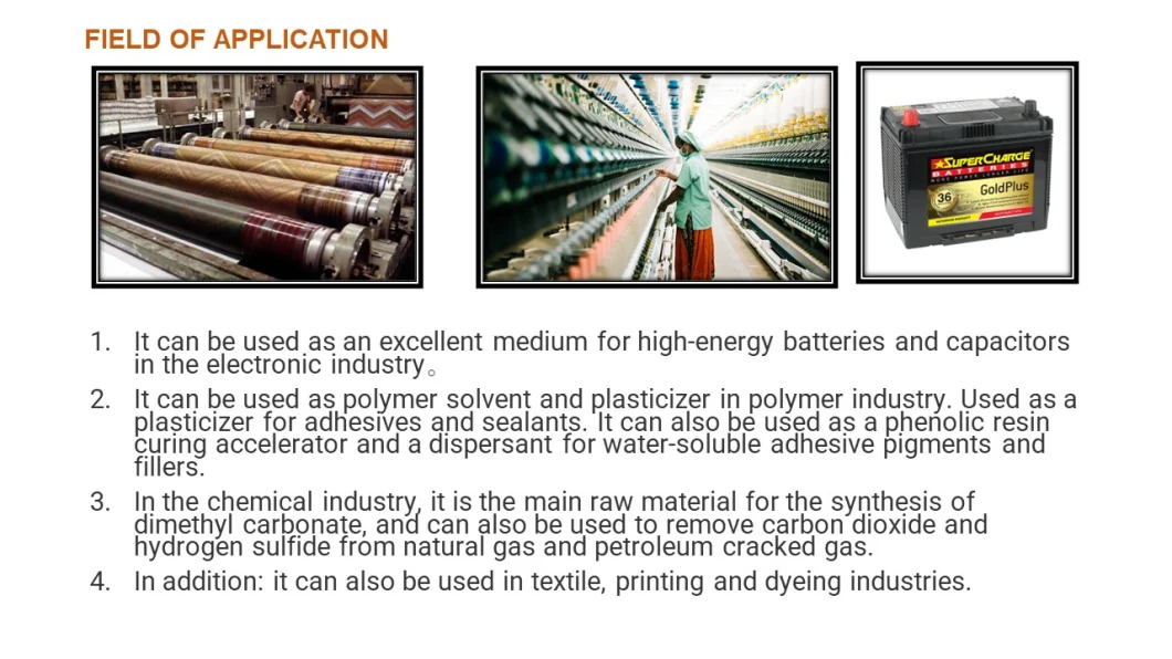 Propylene Carbonate 99.99% Used as a Solvent of Nitrocellulose, Cellulose Ethers, Synthetic Resins and Natural Resins in Chemical Production